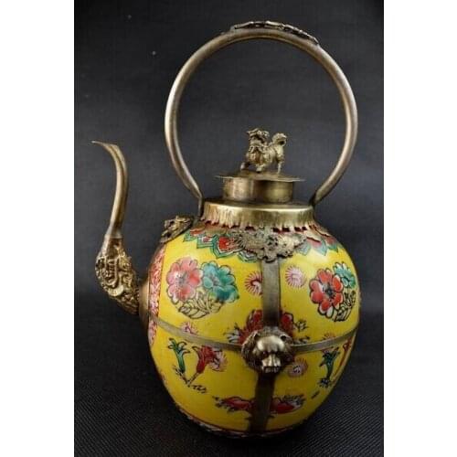 Crafts Arts design silver unique design Handwork yellow Porcelain pot Kylin Flower Big Tea Pot tools wedding Brass
