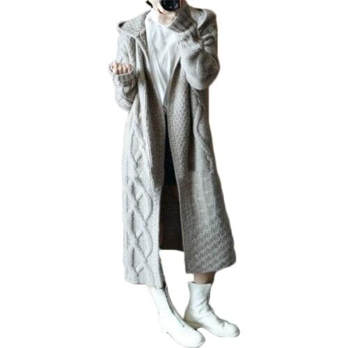 WSYORE Autumn and Winter Women Korean Long Knitted Cardigan Jacket Plus Size Hooded Long-sleeve Sweater Coat Female NS2757