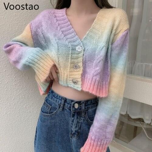 Autumn Sweet Rainbow Sweater Coats Women Korean Spring Casual Loose Knitted Cardigan Female Fashion V-Neck Short Cropped Tops