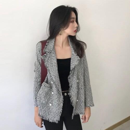 Fringe Tweed Casual Blazer Women Spring Autumn Long Sleeve Black Red Blazer Coat Korean Style Elegant Ladies Jacket With Pockets