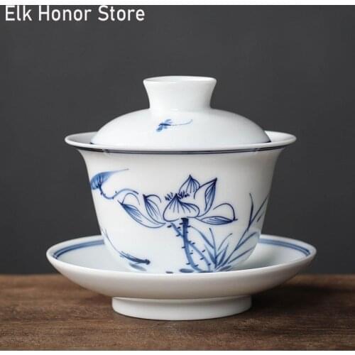 140ml Retro Lotus Art Tea Tureen Hand Painted Porcelain Bowls Ceramic Bowl With Lid Kung Fu Tea Pu'er Home Decoration Accessorie