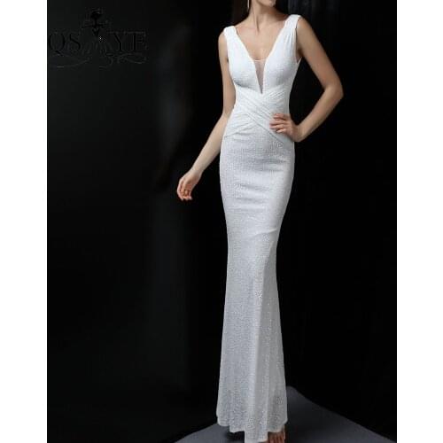 White Sequin Prom Dress Long Mermaid Evening Gown V Neck Pattern Lace Formal Party Gown Ruched CrissCross Waist Evening Dress