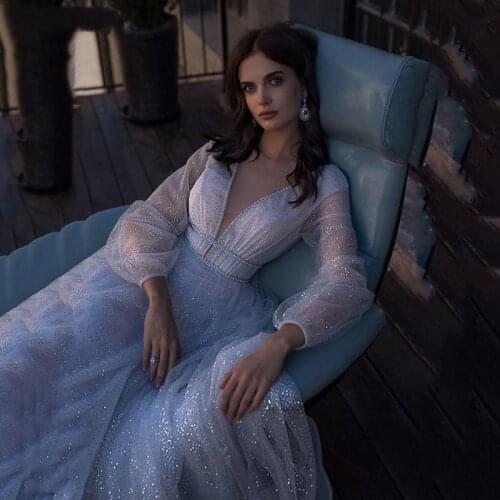 Shiny Glitter A-Line Wedding Dress Puff Sleeve Tulle Boho Wedding Gowns Vestido De Novia Elegant V Neck Bride Dresses