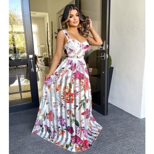 Floral Print Bohemian Sundress Sexy Women Spaghetti Strap See Through Elegant Summer Party Dress