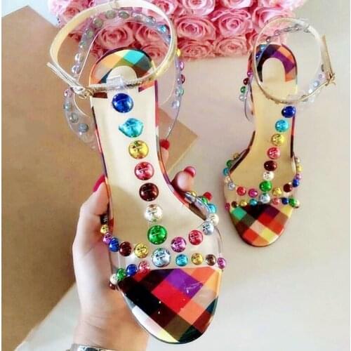 Summer new style sexy lady Casual Designer womens sandals multicolor studded spikes strappy ankke high heels shoes large size