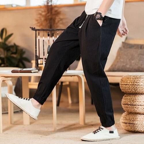Harajuku Fitness Lace Up Spring Mens Trousers Cotton Linen Mens Harem Pants Summer Male Casual Calf-Length Pants Summer Streetwe