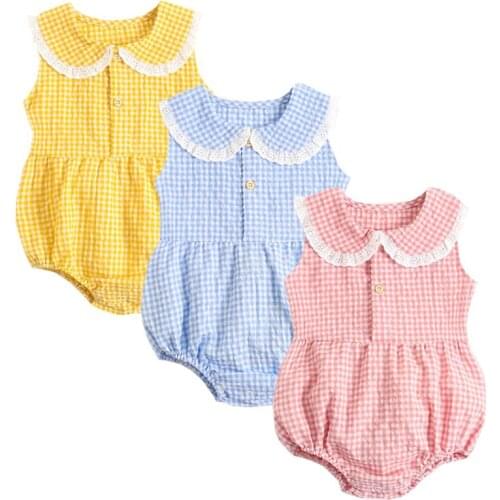 Infant Baby Girls Lovely Jumpsuit Korean Style Lattice Cotton Sleeveless Summer Baby Girls Clothes Toddler Baby Girl Bodysuits