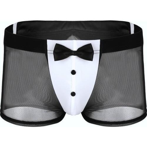 Men Exotic Pants Underwear Transparent Waiter Tuxedo Lingerie Porno See-through Mesh Boxer Shorts Rabbit Ears Brief Underwear
