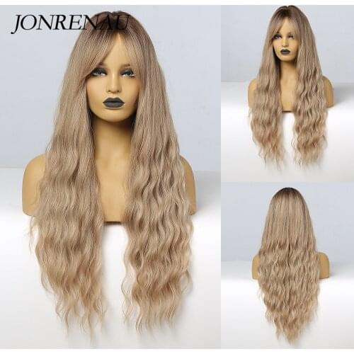 JONRENAU Long Wave Ombre Dark Brown Blonde Synthetic Wigs with Bangs Party Daily Use Cosplay Wig for Women Natural Curly Hair