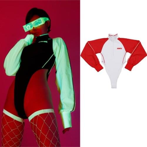 Hip Hop Costumes Jazz Dance Clothes Women Fluorescent Green Zipper Bodysuit Nightclub Stage High Slit Sexy Jumpsuit XS1982