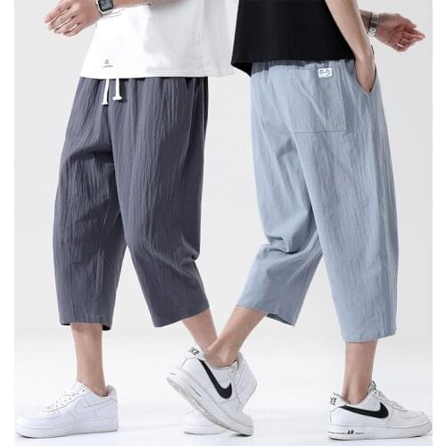 Summer Casual Pants Mens Wild Cotton and Linen Loose Linen Pants Korean Style Trend Nine-point Trousers Plus Size