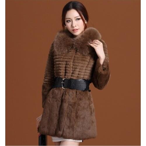 LOVELY-JINNUO Genuine Rabbit Fur Coat With Fox Fur Collar Women Long Full Pelt Rabbit Fur Jacket Winter Fur Coats JN493