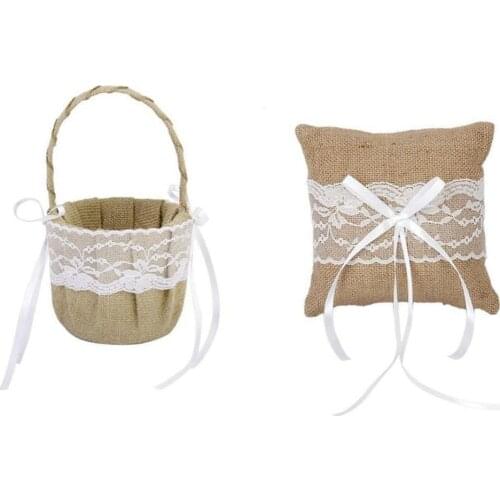 Set of 6*6'' Generic Burlap Jute & Lace Flower Basket Ring Bearer Pillow Cushion Rustic Country Wedding