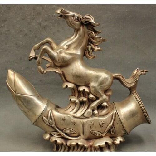 Wholesale factory 11" Folk Chinese Decoration Brass Zodiac Silver Year Up Horse Statue On Bamboo Sculpture