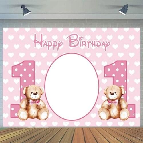 Teddy Bear 1st Birthday Party Backdrops Photography Name Photo Customize Pink Girl Baby Newborn Photo Background For Cake Table