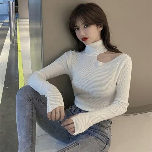 Korean version Slim fit pullover sweater hollow open Neck turtleneck Sweater 2020 women sweater autumn winter new Sexy Shirt