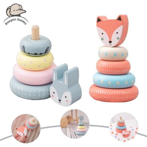 Rainbow Animal Fox Rabbit Jenga Baby Toy Wooden Blocks Stacking Tower Creative Educational Toys Early Learning Game Supplies