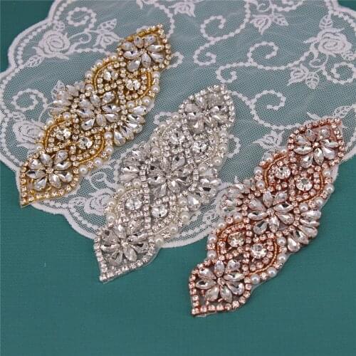 Rhinestones Bridal Sash Belt Gold Crystal Rhinestone Applique Hand beaded Sew On Trim For Wedding Dresses