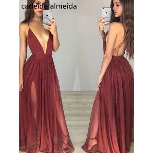 A-Line Tulle V-Neck Prom Party Dresses Sexy Back Long Dress for Graduation