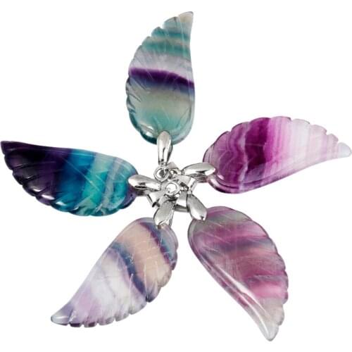 TUMBEELLUWA 1Lot (5Pc) Natural Fluorite Angel Wings Healing Crystal Chakra Reiki Pendant Fit Necklace
