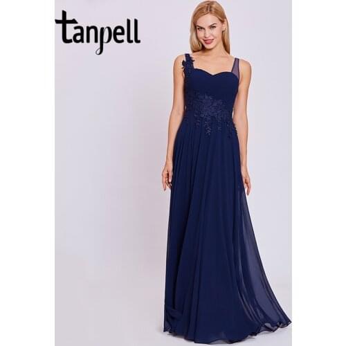 Tanpell straps evening dress dark royal blue sleeveless floor length a line gown cheap women appliques formal long evening dress