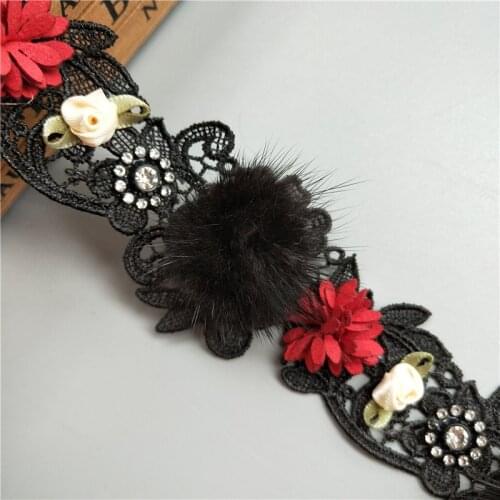 1yd Black Pompom Red Flower Diamond Embroidered Lace Trim Ribbon Fabric Handmade Sewing Supplies Craft For Costume Decoration