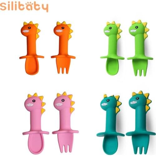 Silibaby 2Pcs Silicone Fork And Spoon Set Baby Learning Lunch Spoon Baby Feeding Training Spoon Silicone Feeding Flatware Set