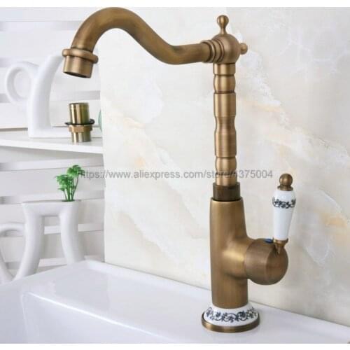 Antique brass Retro Style Bathroom Sink Basin Faucet Single Ceramic Handle Single Hole Deck Mounted basin tap Nnf606