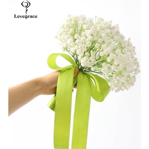 White Gypsophila Wedding Bridal Hand-Hold Bouquet with Green Stain PU Artificial Flowers Bridal Bouquets for Wedding Accessories