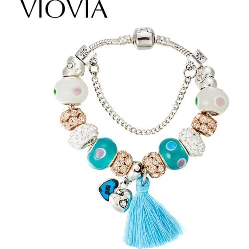 VIOVIA Tassel Bracelet European Antique Silver Color Charm Glass Bead For Women With Safety Chain Bracelet Gift Pulsera B16051
