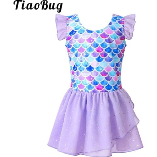 Kids Girls Sequined Mermaid Dance Dress Dancewear Gymnastic Leotard Ballet Tutu Dress Kids Ballerina Fairy Prom Party Costume