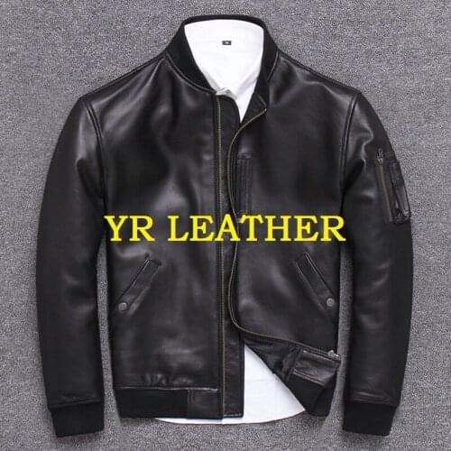 YR!Free shipping.Wholesales.Brand New casual style leather jacket.mens sheepskin coat.soft slim MA-1 Bomber pilot clothes