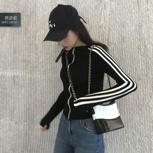 Woman Sweaters Cardigan Womens Three-Bar Zipper Knitted Cardigan Autumn Sports Casual Short Long Sleeve Coat Top