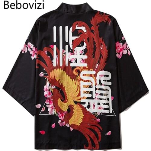 Bebovizi Fashion Japanese Style Men Kimono Phoenix Print Yukata Loose Half Sleeve Sunscreen Tops Cardigan Men Summer Chinese