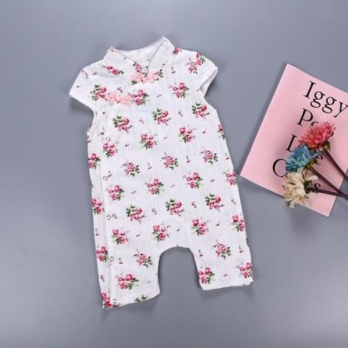 Baby Girl Short Pink Rompers Stand Collar Childrens Printing Cheongsam Style Traditional Knotted Chinese Buttons For Photograph