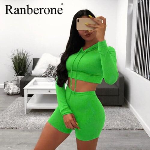 Ranberone Women Solid Hoodie Crop Top Shorts Jogger Pnats Suit Two Piece Set Sport Matching Set Outfit Fitness Running Tracksuit