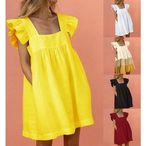 Summer Women Mini Dress Cute Square Collar Ruffles Sleeve Pocket A-line Dress Ladies Girls Plus Size Beach Party Dress Vestidos