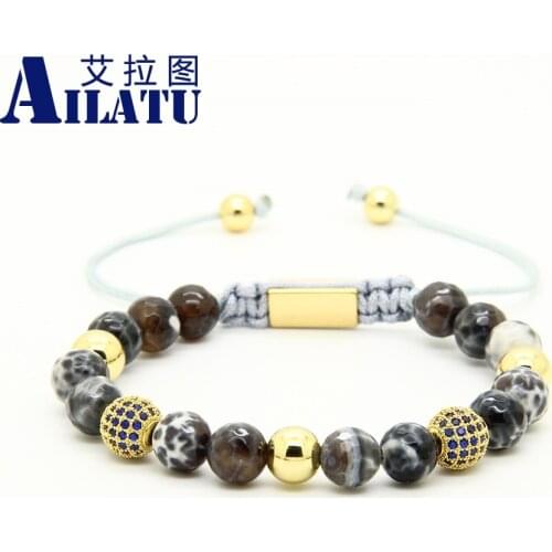 Mens Jewelry Wholesale 8mm Natural Faceted Grey Veins Onyx Stone Beads Blue Cz Ball Macrame Bracelet Drop Ship