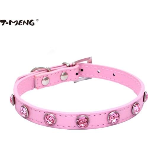 T-MENG Bling Pet Dog Collar Led 1Row Rhinestone PU Leather Puppy Dog Collars Bell Cat Neck Strap For Small Dogs Pet Accessories