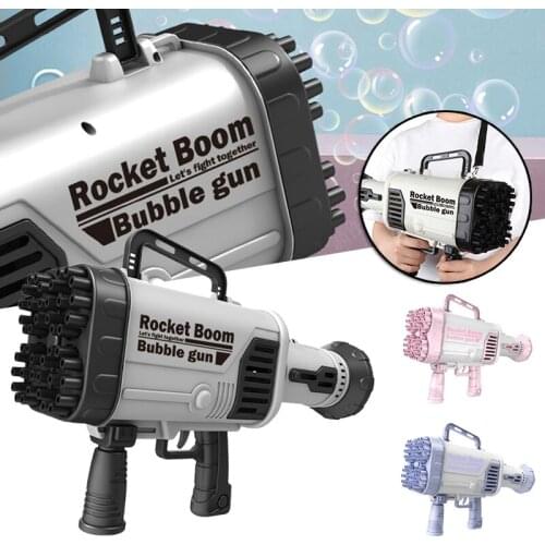 Lighting Bubble Machine With Sound For Kids Electric Gatling Rich Bubble Blowing Toy With 44 Outlets & Lanyard & Bowl Bubble Gun