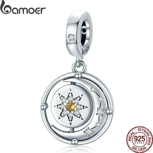 Bamoer 925 Sterling Silver Shining Moon Star Charm Yellow Zircon Flexible Charm Pendant for Original Bracelet Women DIY BSC477