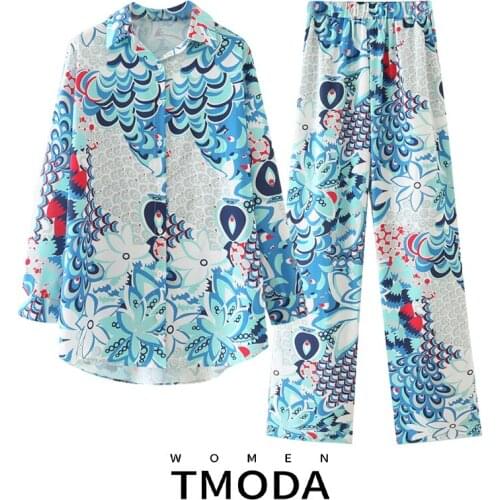 TMODA1782 Za 2021 Women Floral Printed Elastic Waist Pants + Lapel Single Breasted Long Sleeve Shirts Female Beach Two Piece Set