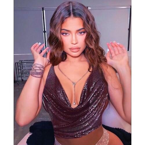 RANMO Celebridade kyliejenner color V-neck hanging neck openwork backless metal crystal short sexy girl club rhinestone top