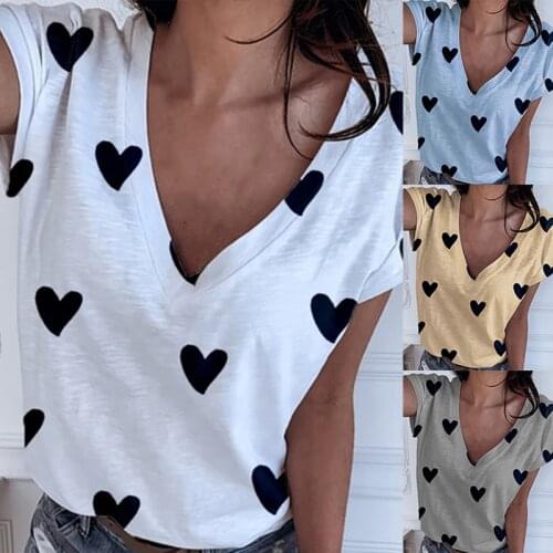 Heart Print Women Shirt Blouse Plus Size 2020 Casual Summer Short Sleeve Loose Shirt Ladies Streetwear Tops Blusa Clothing