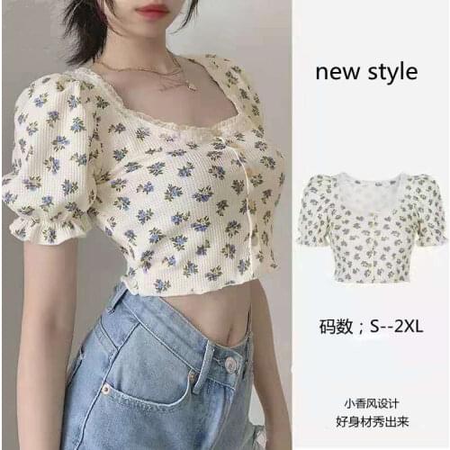 French Style Summer Women Puff Sleeve Floral T-shirts Above Belly Short Tees Casual Streetwear Tops