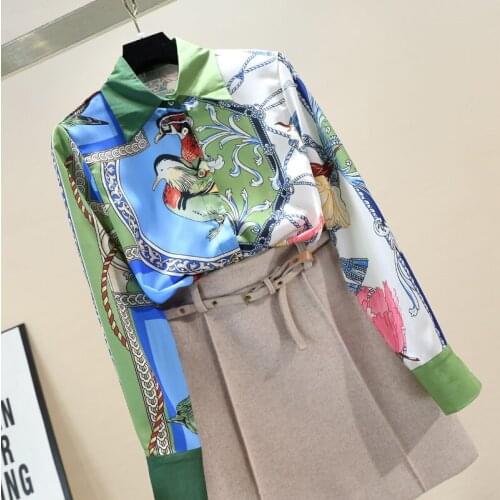 2021 Autumn New Commuter Temperament Fashion Blouse Female Lapel Long-sleeved Thin Blusa Contrast Printing Shirt DK1430