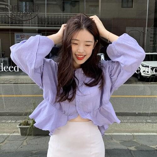 2021 New Cardigan O Neck Ladies Tops Autumn Lantern Sleeve Cotton Shirts Women Casual Single Breasted Solid Women Blouse 10153