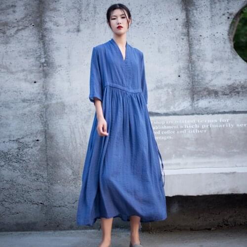 Women Loose Spring Autumn V Neck Tencel Cotton Loose Dress Ladies Solid Color Waisted Vintage Dresses Female 2020 Dress
