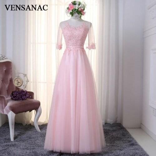 VENSANAC 2017 New A Line Lace Appliques O Neck Long Evening Dresses Elegant Half Sleeve Embroidery Sash Party Prom Gowns