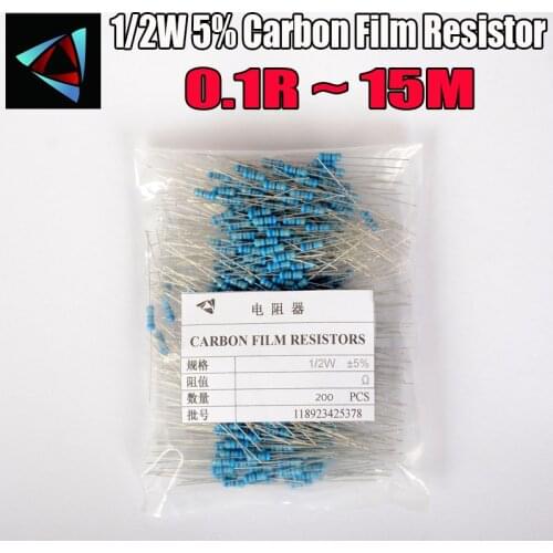 200pcs 1/2W Carbon Film Resistor 5% 0.1R ~ 15M 1 2 10 22 47 100 330 ohm 1K 4.7K 10K 22K 47K 100K 330K 470K 0.22 0.33 0.68 0.47